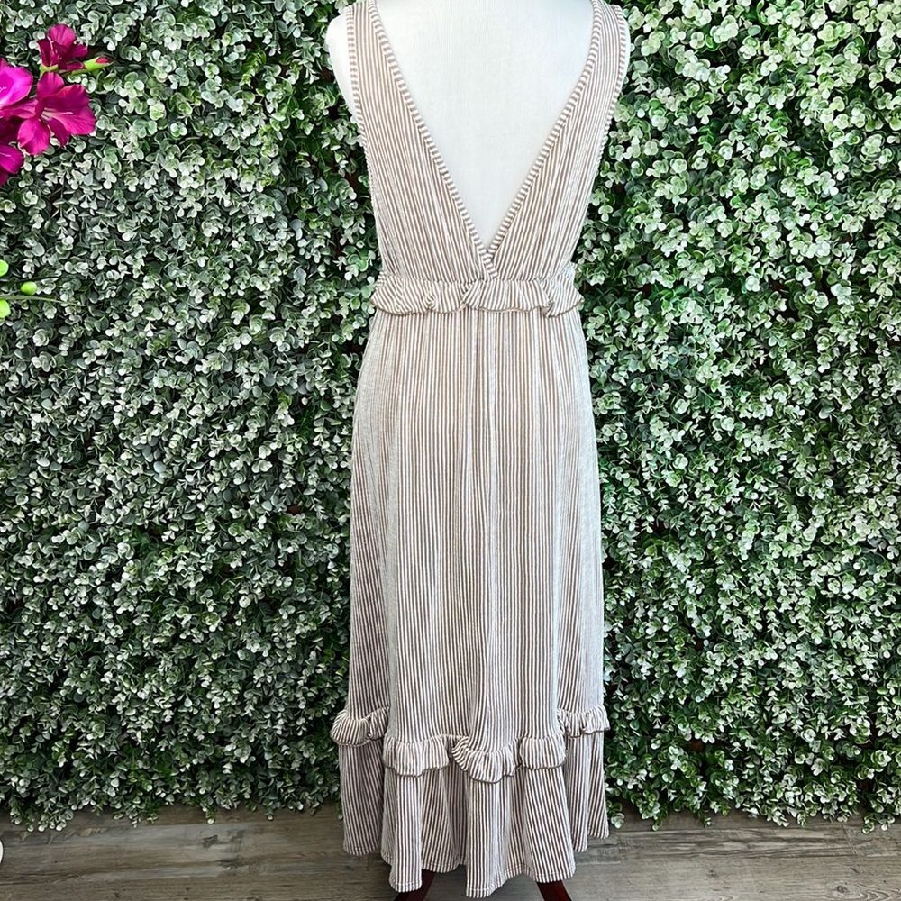 Caution To The Wind Neutral Stripe Ruffle Accent V-Neck Maxi Dress - Picture 4 of 11